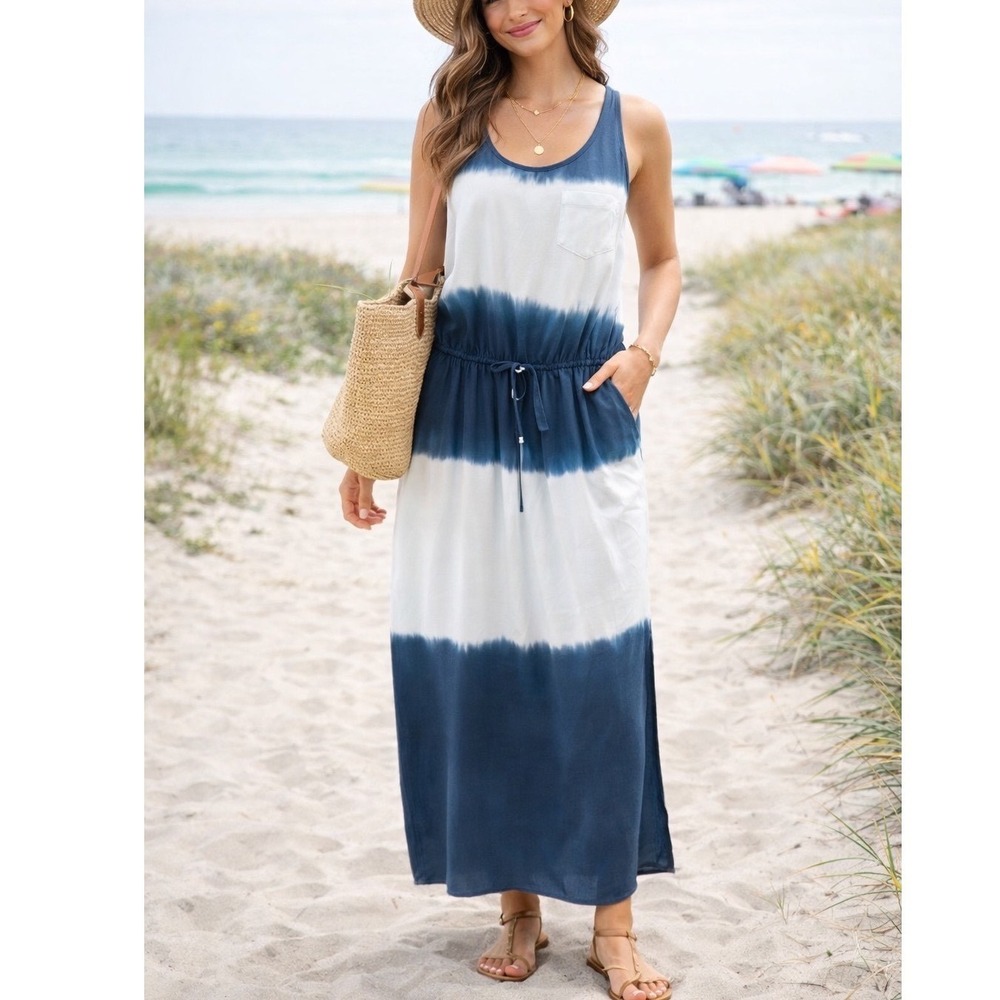 Bella Dahl Blue Tie Dye Maxi Dress Sleeveless Drawstring Waist‎ Resortwear Large - Picture 6 of 6
